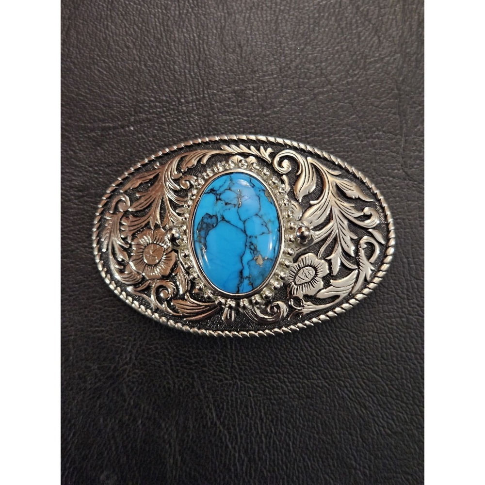 Western Turquoise Color Stone Belt Buckle Silver Tone Floral Scroll Cowgirl 3"